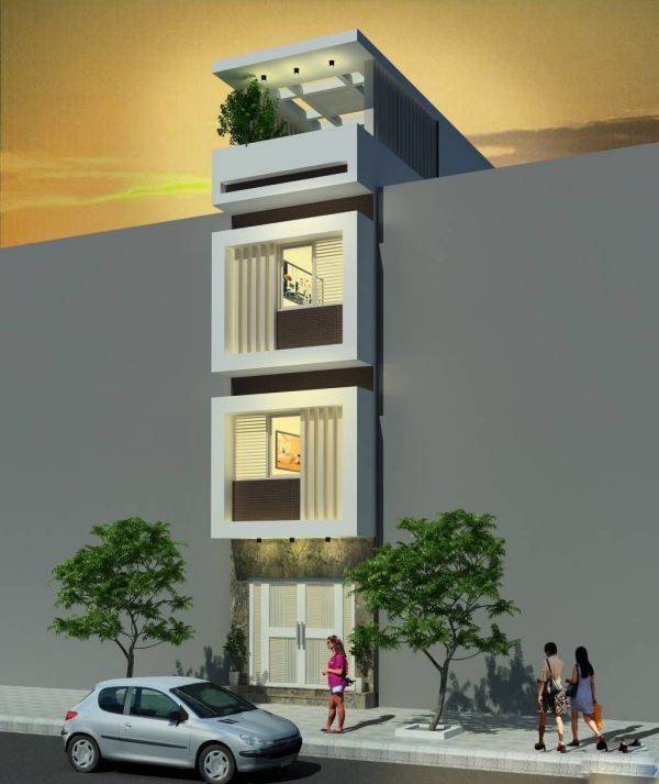 Một thiết kế nhà phố 3 tầng 1 tum khác với sự sáng tạo từ việc xây những lam chắn ở ngoài ban công. Hệ lam chắn giúp cản nắng đồng thời vẫn cho ánh sáng và không khí ra vào đều đặn trong căn nhà