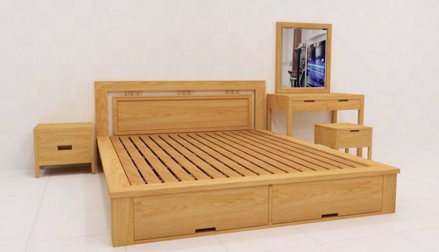 Giường ngủ làm từ gỗ sồi ghép thanh