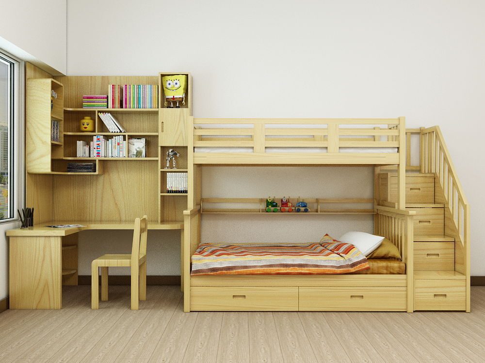 Kiểu giường tầng kèm bàn học thông minh tương hợp với gia đình có 2 bé trở lên