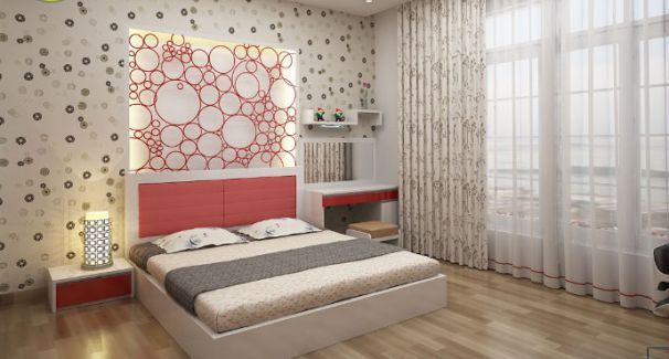 Không gian phòng ngủ đơn giản với giường hộp và giấy dán tường họa tiết chấm bi