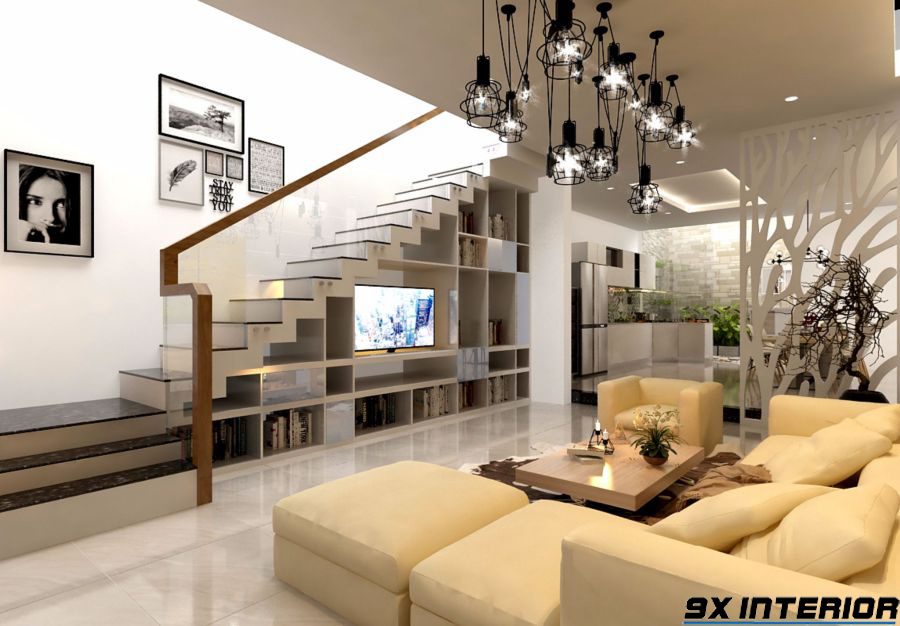 Phong thủy là yếu tố quan trọng trong thiết kế phòng khách rất đẹp có cầu thang