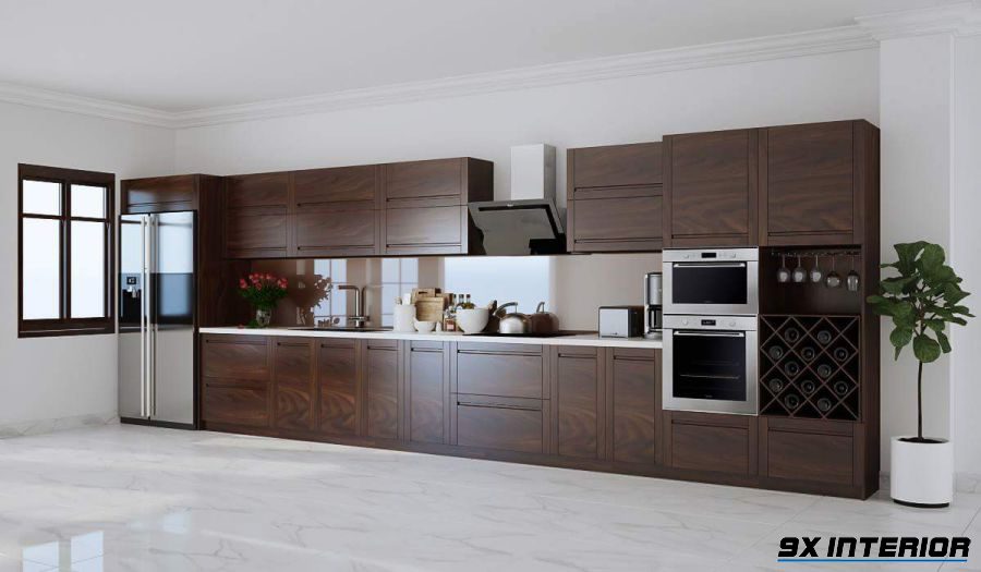 Thiết kế phòng bếp với tủ bếp chữ I đem đến sự hài hòa cho tổng thể căn hộ