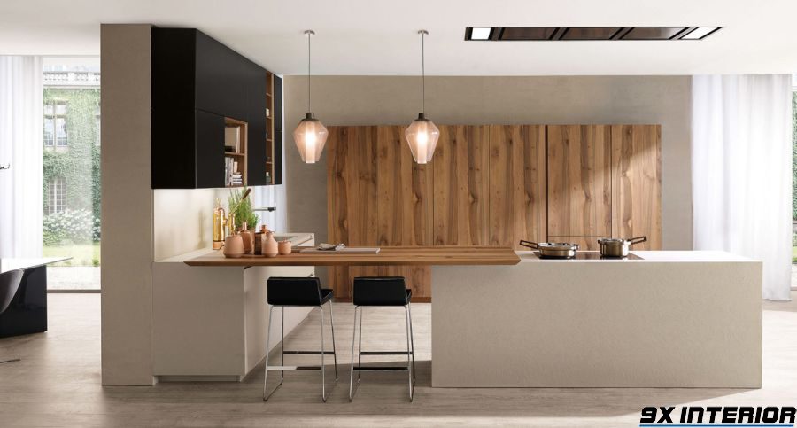 Một thiết kế tủ bếp khác kết hợp nhuần nhuyễn vẻ rất đẹp của cốt gỗ MDF chống ẩm với bề mặt veneer gỗ thông thân thiện, sang trọng