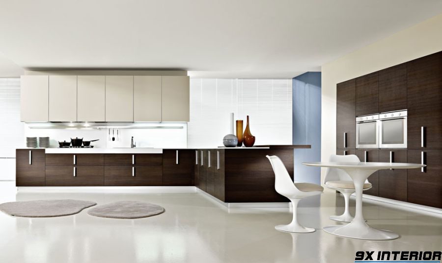 Thiết kế tủ bếp sang trọng với cốt gỗ MDF kết hợp laminate tone màu trầm mang đến nét sang trọng, hiện đại