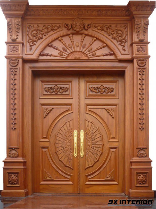 Mẫu cửa chính 2 cánh bằng gỗ gõ đỏ được chạm khắc tinh tế, cầu kì