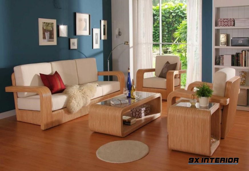 Mẫu bàn ghế dành cho người yêu thích sự mềm mại của sofa nhưng cũng không thể làm ngơ trước vẻ rất đẹp khỏe khoắn mà gỗ đem lại.